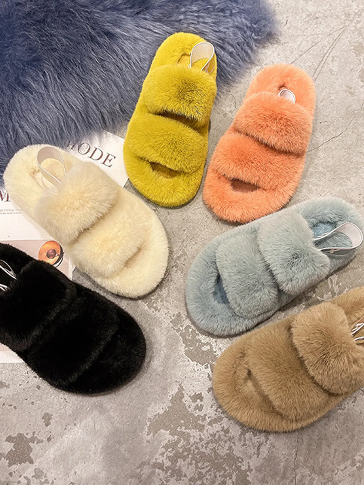Double Strap Fluffy Slippers With Elasticated Band -Khaki