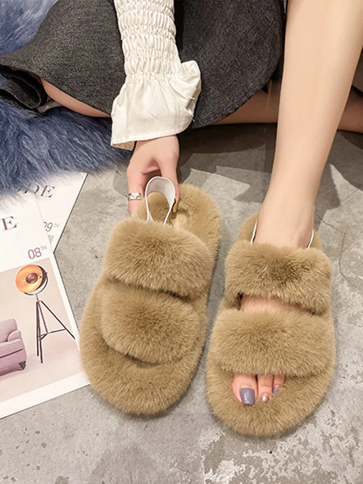 Double Strap Fluffy Slippers With Elasticated Band -Khaki