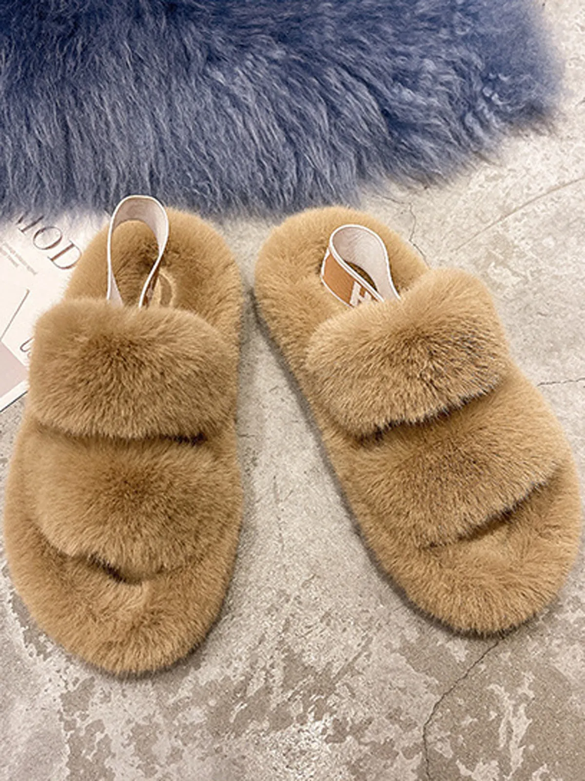 Double Strap Fluffy Slippers With Elasticated Band -Khaki