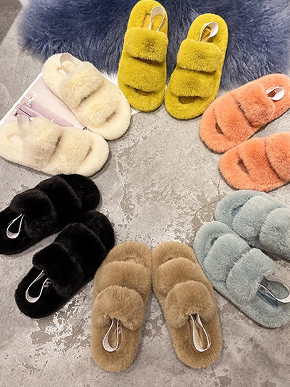 Double Strap Fluffy Slippers With Elasticated Band -Khaki