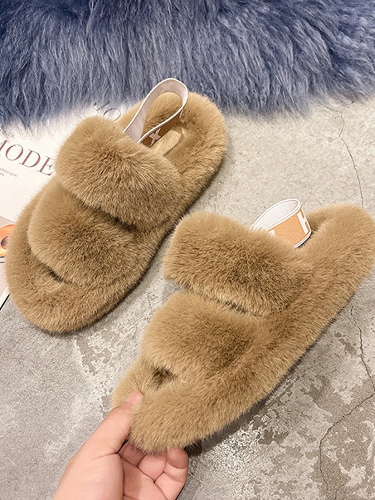 Double Strap Fluffy Slippers With Elasticated Band -Khaki