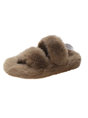 Double Strap Fluffy Slippers With Elasticated Band -Khaki