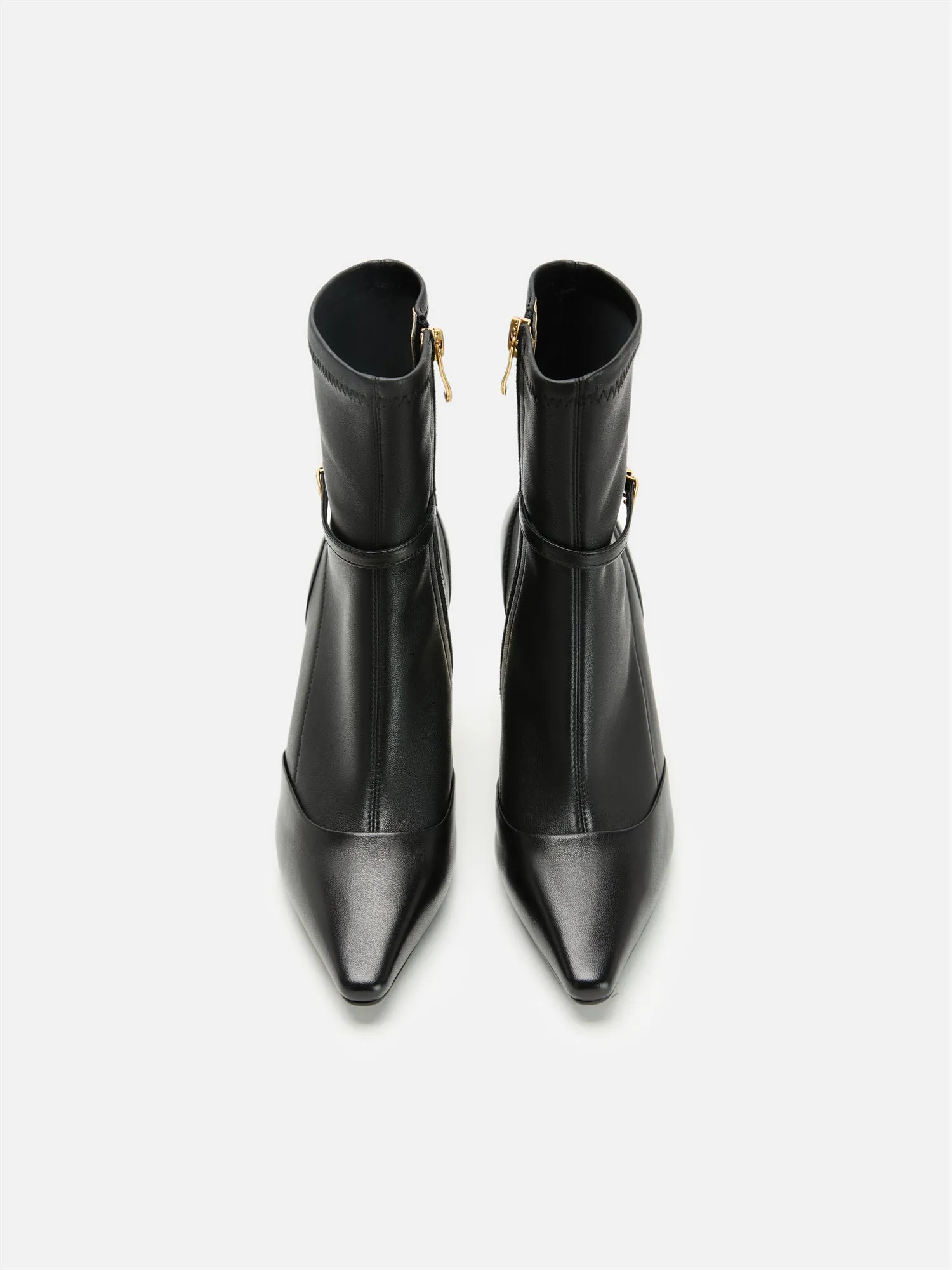 EP YAYING Stretch Lambskin Spliced Pointed Toe High-Heeled Ankle Boots