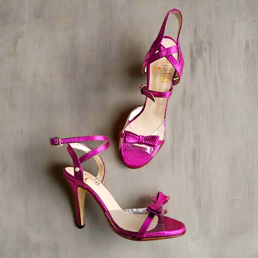 Female - Fuchsia Bow & Acrylic Leather Tango Dance Shoes (Leather Sole)