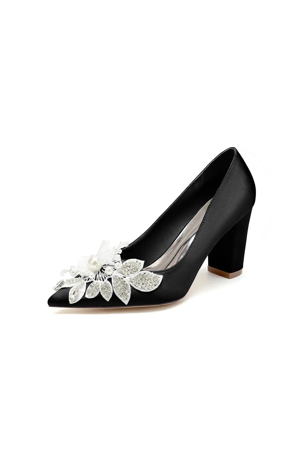 Floral Beaded Pointed Toe Chunky Heel