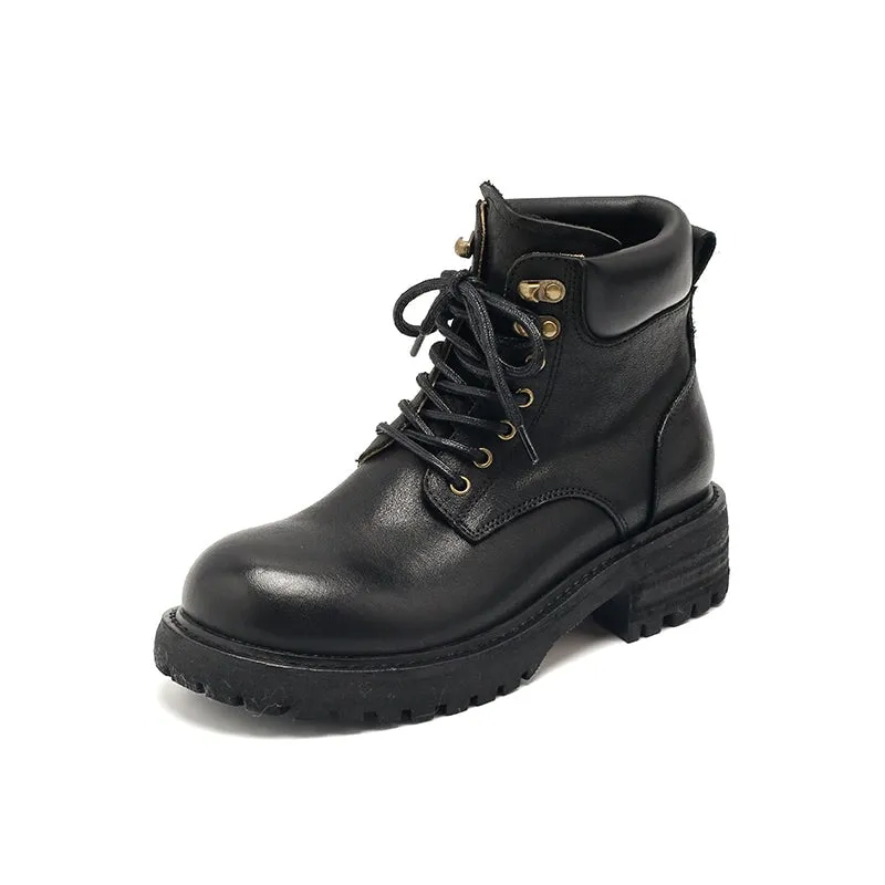 Genuine Leather Lace-Up Ankle Boots Chunky Sole Non-Slip Work Boots Black/Coffee/Purple/Yellow