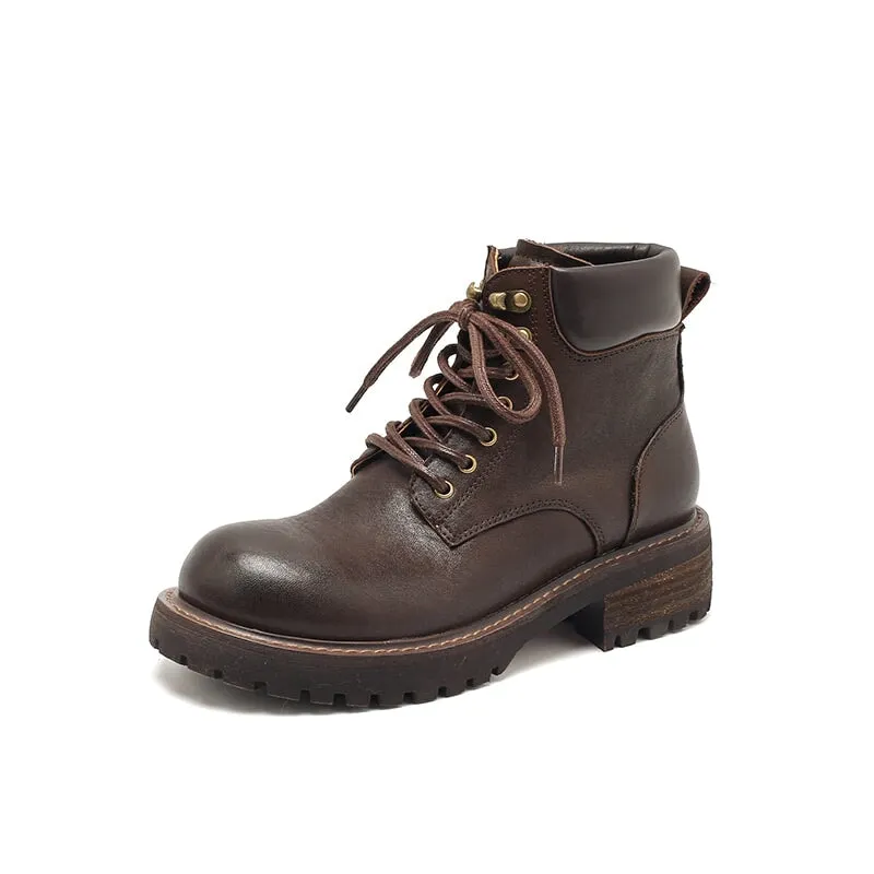 Genuine Leather Lace-Up Ankle Boots Chunky Sole Non-Slip Work Boots Black/Coffee/Purple/Yellow