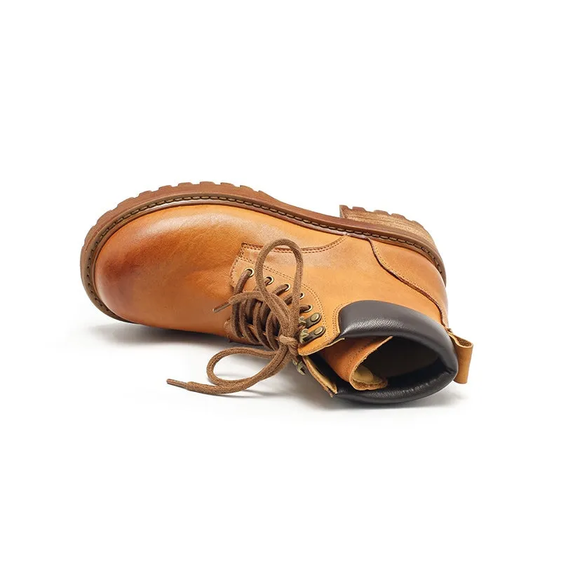Genuine Leather Lace-Up Ankle Boots Chunky Sole Non-Slip Work Boots Black/Coffee/Purple/Yellow