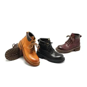 Genuine Leather Lace-Up Ankle Boots Chunky Sole Non-Slip Work Boots Black/Coffee/Purple/Yellow