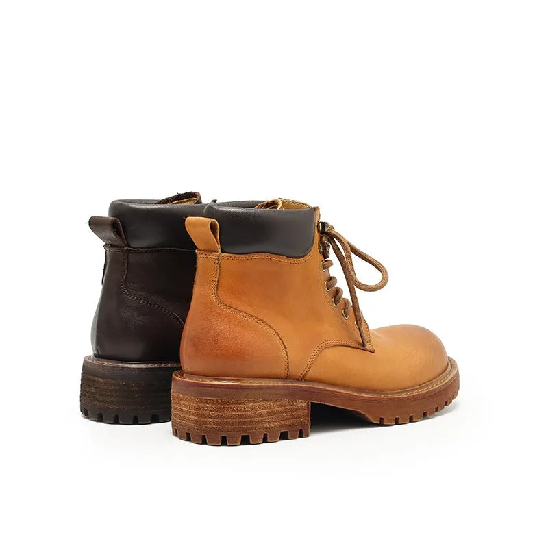 Genuine Leather Lace-Up Ankle Boots Chunky Sole Non-Slip Work Boots Black/Coffee/Purple/Yellow