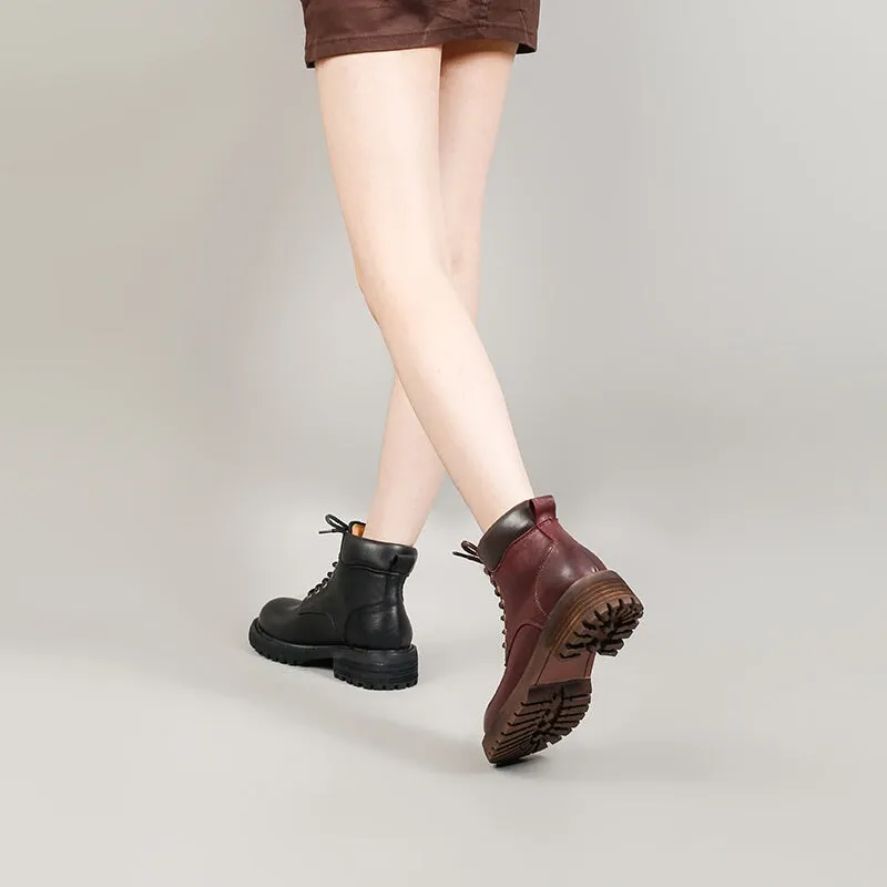 Genuine Leather Lace-Up Ankle Boots Chunky Sole Non-Slip Work Boots Black/Coffee/Purple/Yellow