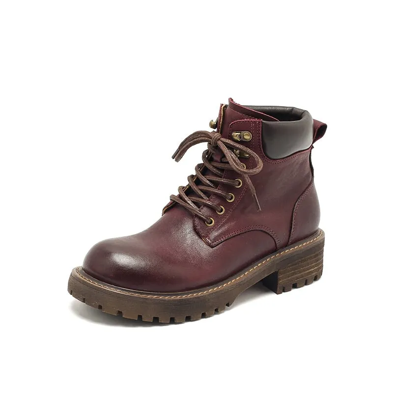 Genuine Leather Lace-Up Ankle Boots Chunky Sole Non-Slip Work Boots Black/Coffee/Purple/Yellow