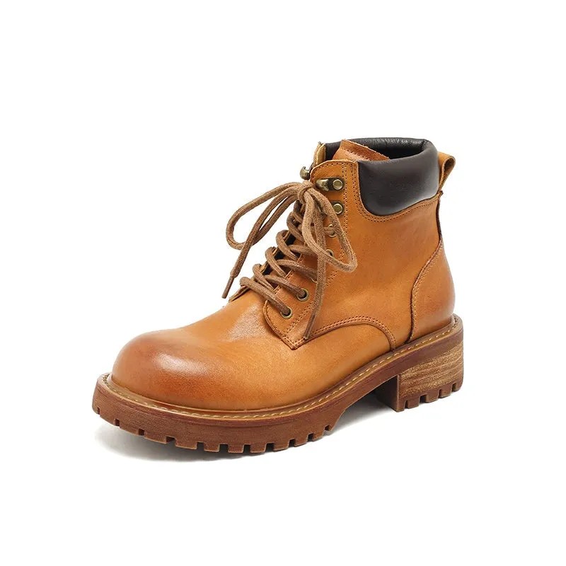 Genuine Leather Lace-Up Ankle Boots Chunky Sole Non-Slip Work Boots Black/Coffee/Purple/Yellow