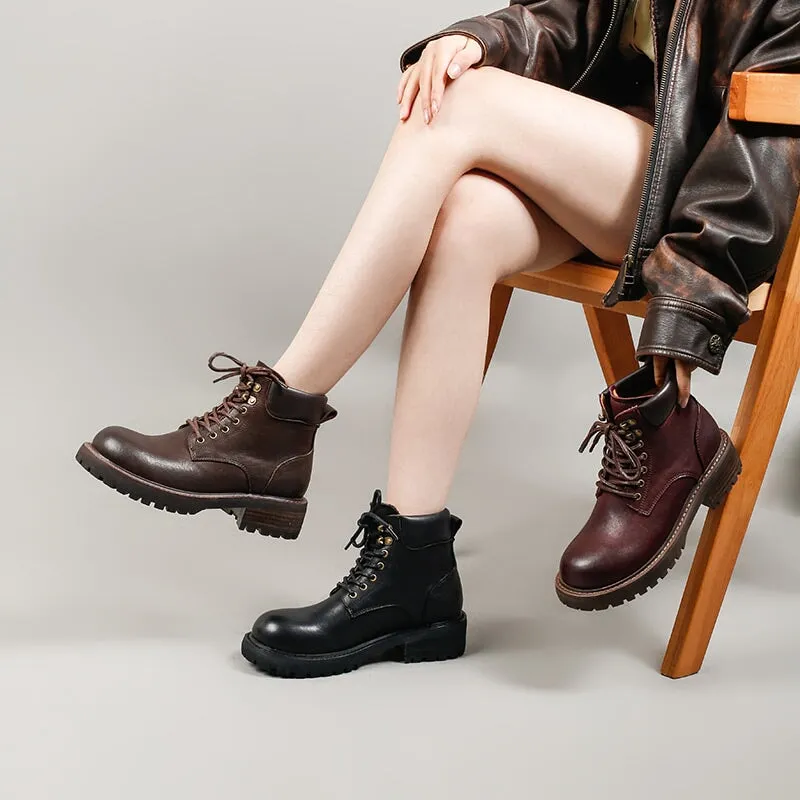 Genuine Leather Lace-Up Ankle Boots Chunky Sole Non-Slip Work Boots Black/Coffee/Purple/Yellow
