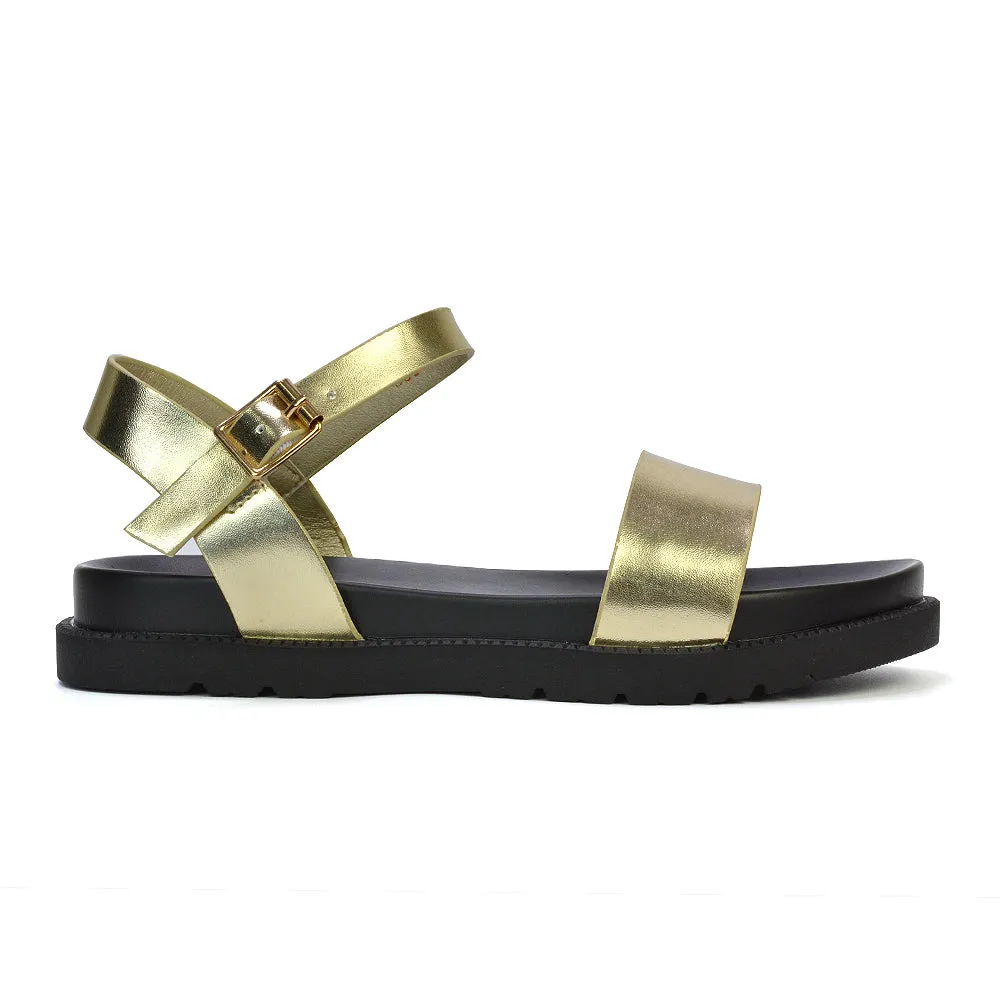 Grace Flatform Ankle Buckle Strappy Flat Summer Sandals in White Synthetic Leather