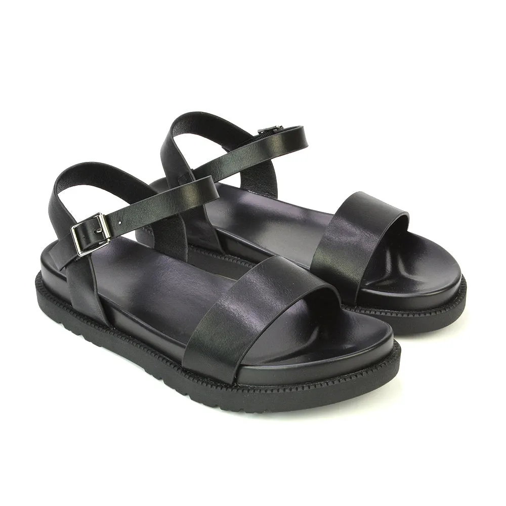 Grace Flatform Ankle Buckle Strappy Flat Summer Sandals in White Synthetic Leather