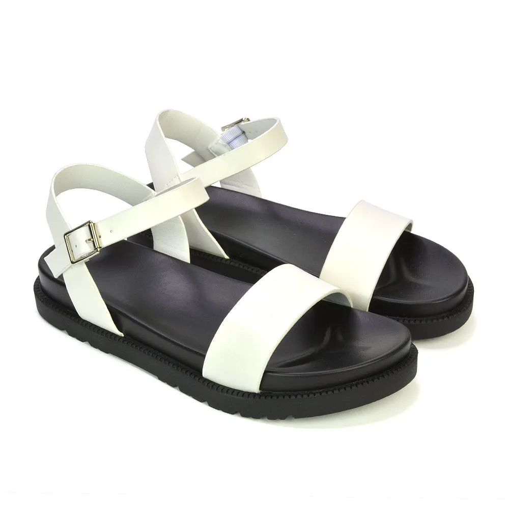 Grace Flatform Ankle Buckle Strappy Flat Summer Sandals in White Synthetic Leather
