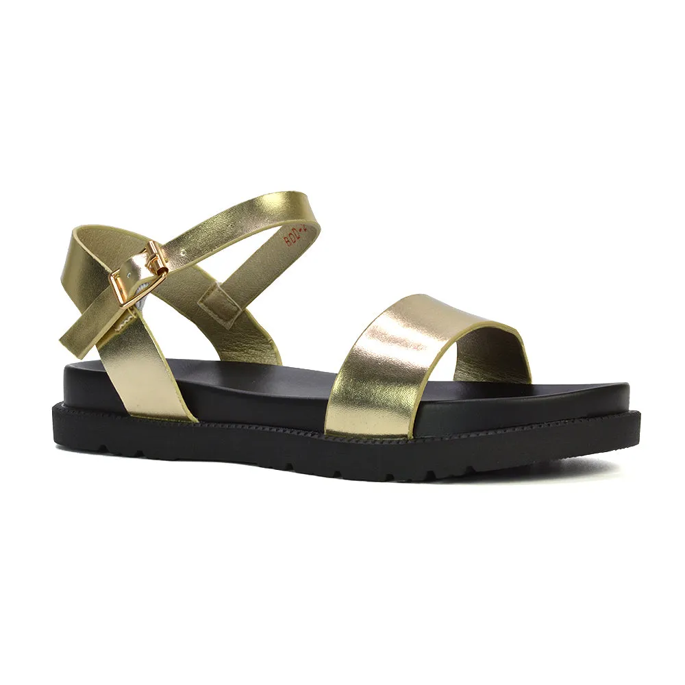 Grace Flatform Ankle Buckle Strappy Flat Summer Sandals in White Synthetic Leather