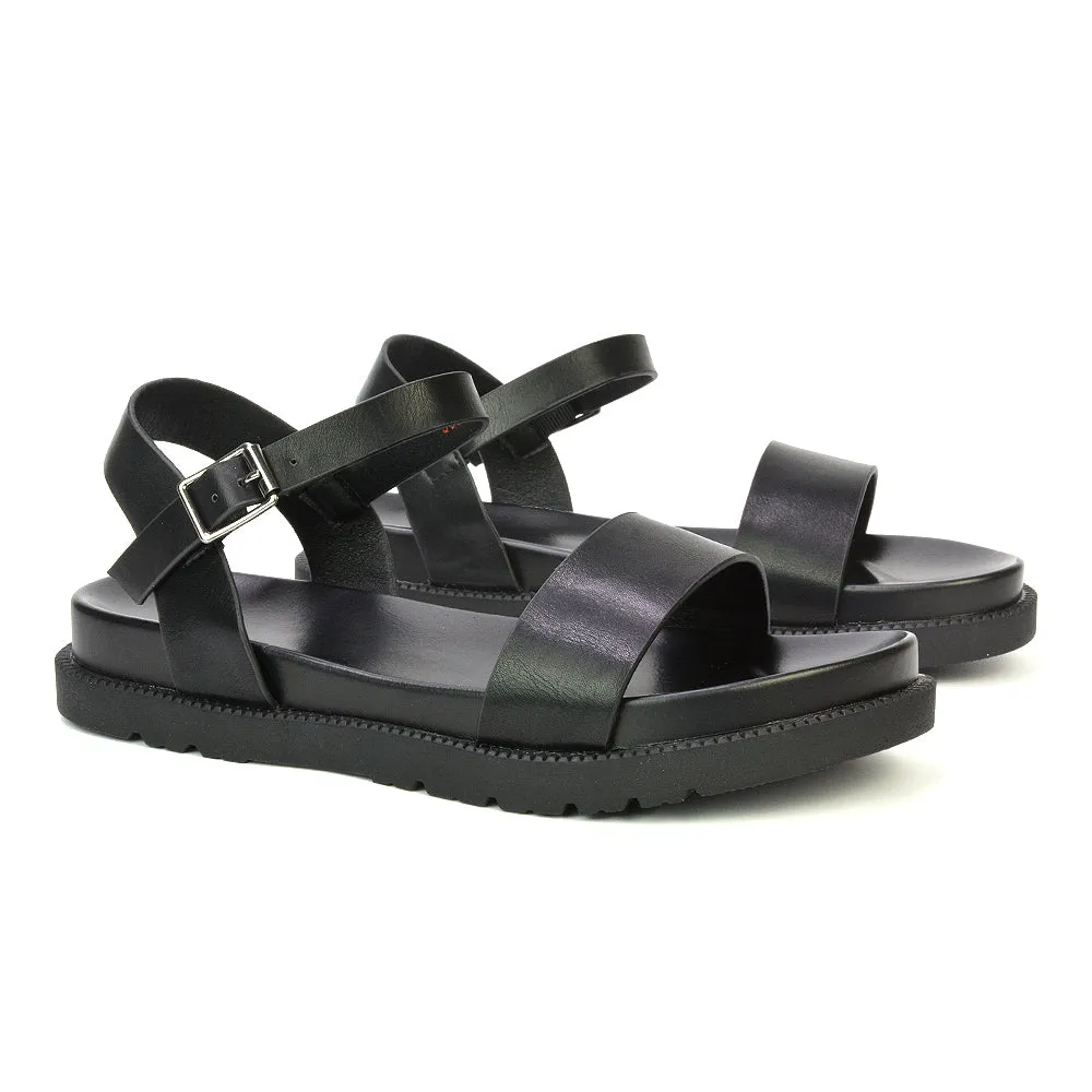 Grace Flatform Ankle Buckle Strappy Flat Summer Sandals in White Synthetic Leather
