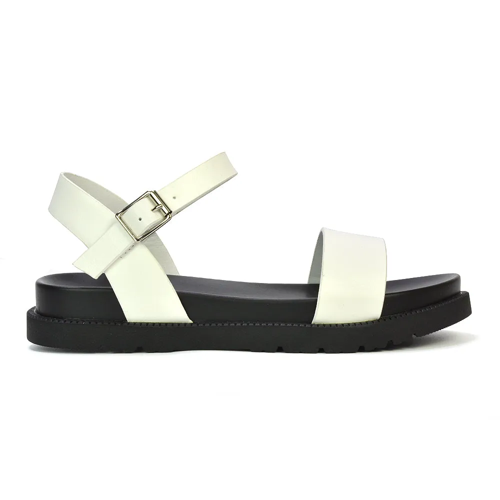 Grace Flatform Ankle Buckle Strappy Flat Summer Sandals in White Synthetic Leather