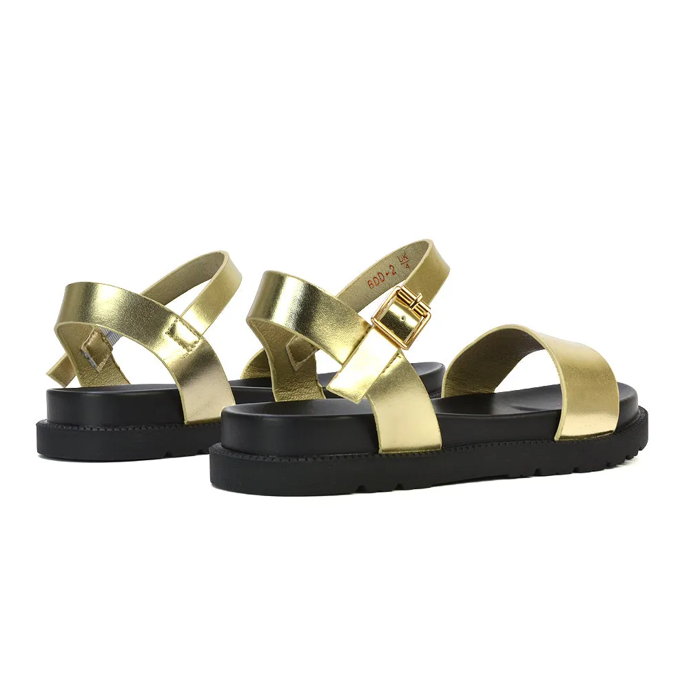Grace Flatform Ankle Buckle Strappy Flat Summer Sandals in White Synthetic Leather