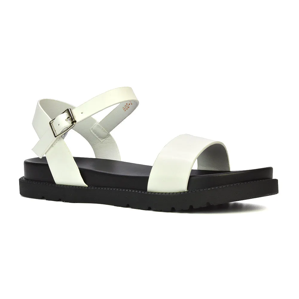 Grace Flatform Ankle Buckle Strappy Flat Summer Sandals in White Synthetic Leather