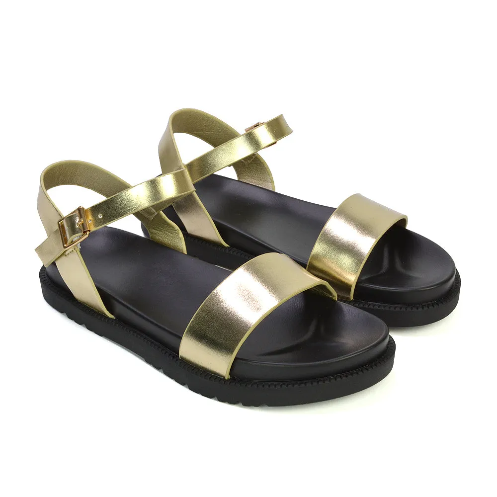 Grace Flatform Ankle Buckle Strappy Flat Summer Sandals in White Synthetic Leather