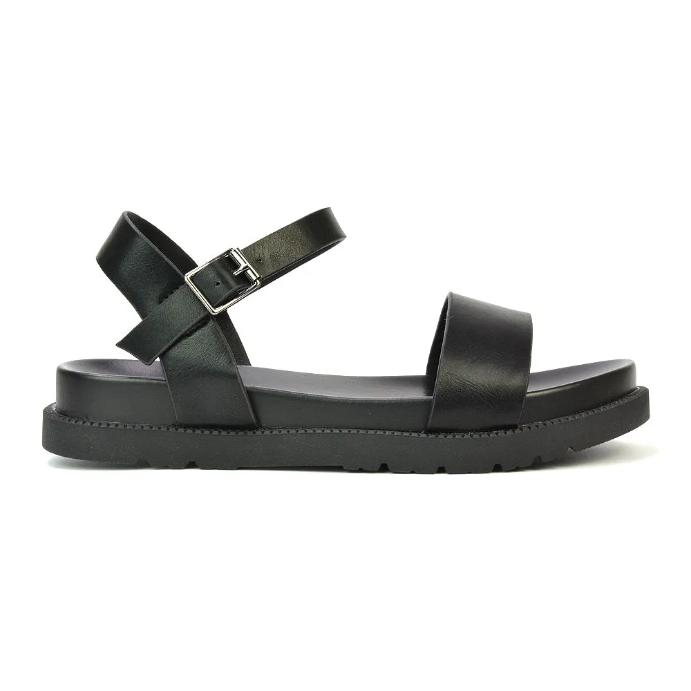 Grace Flatform Ankle Buckle Strappy Flat Summer Sandals in White Synthetic Leather