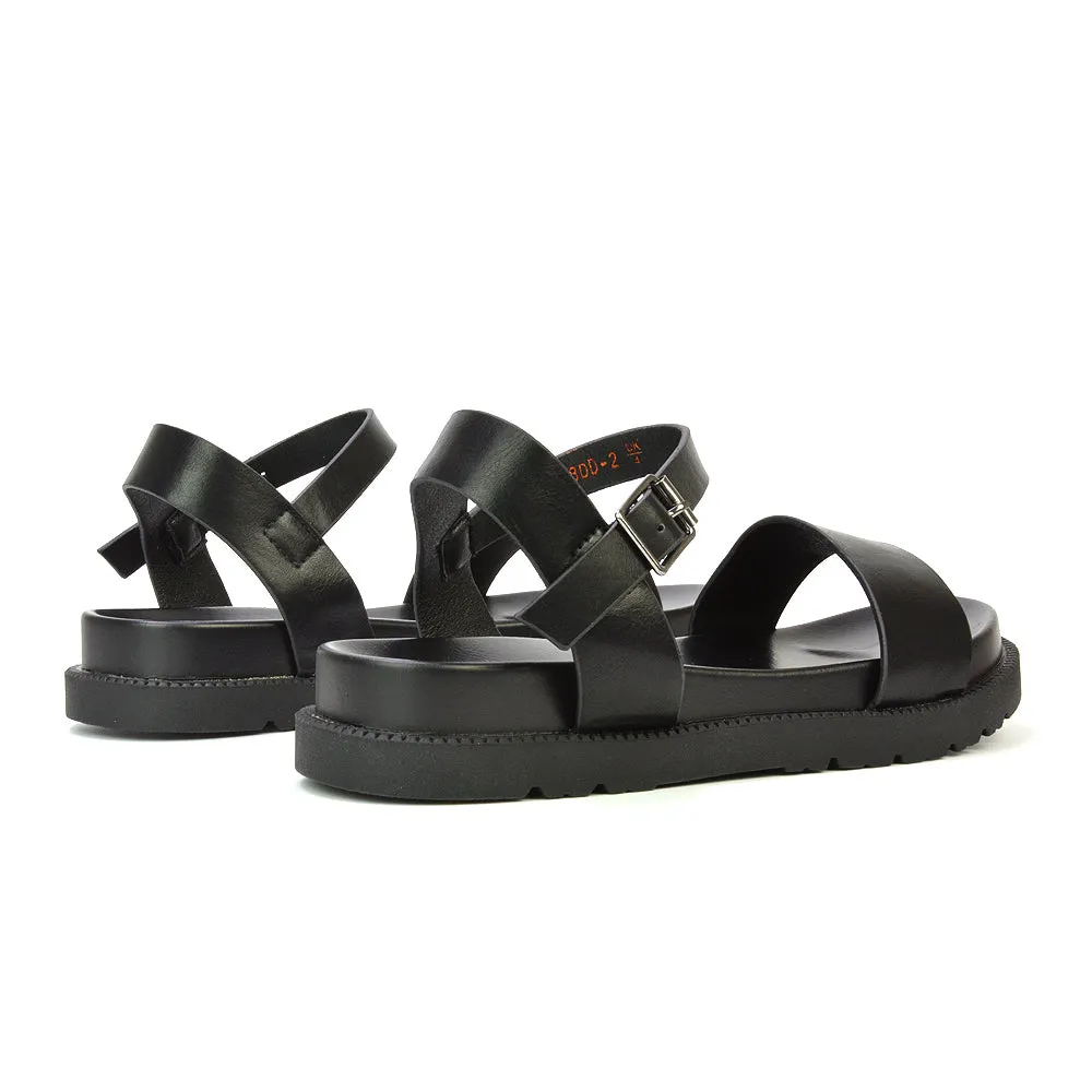 Grace Flatform Ankle Buckle Strappy Flat Summer Sandals in White Synthetic Leather