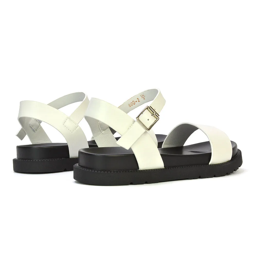 Grace Flatform Ankle Buckle Strappy Flat Summer Sandals in White Synthetic Leather