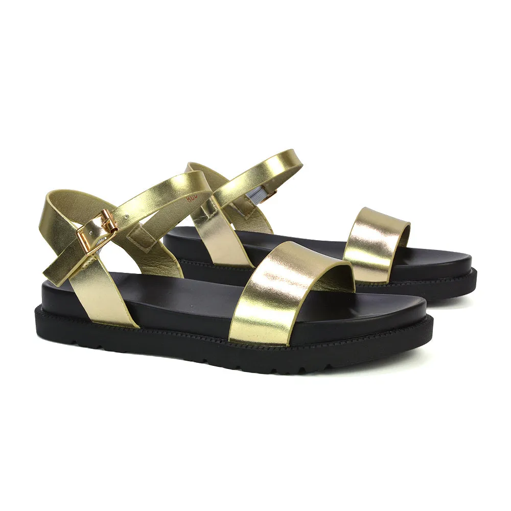 Grace Flatform Ankle Buckle Strappy Flat Summer Sandals in White Synthetic Leather
