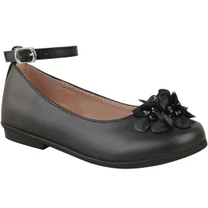 LACEN KIDS FLATFORM FLOWER EMBELLISHED SHOES WITH ANKLE STRAP IN BLACK