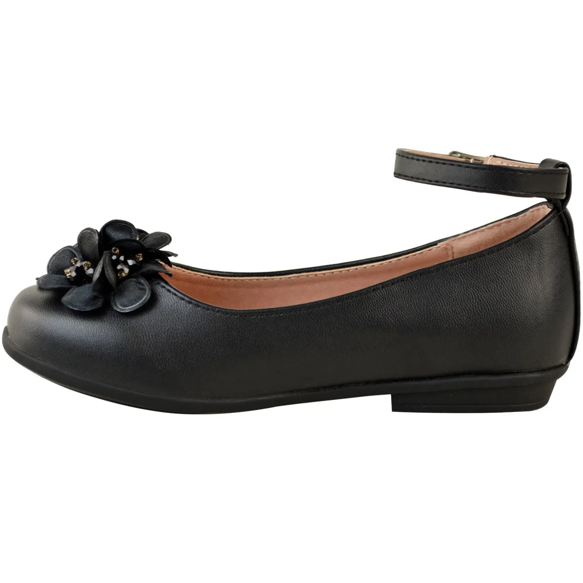 LACEN KIDS FLATFORM FLOWER EMBELLISHED SHOES WITH ANKLE STRAP IN BLACK
