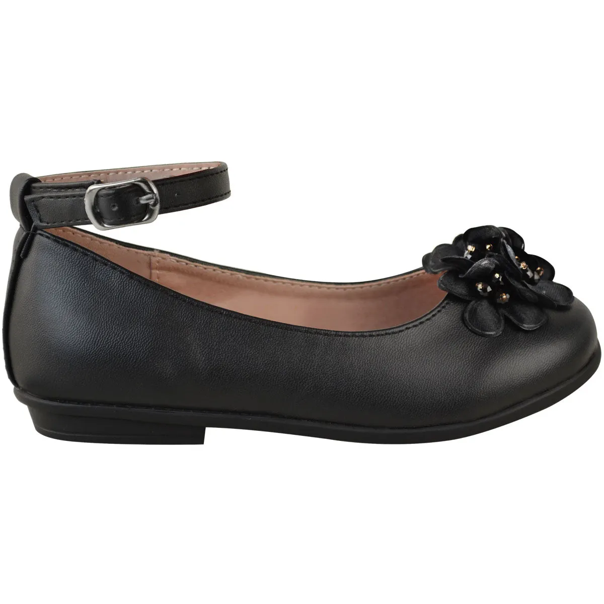 LACEN KIDS FLATFORM FLOWER EMBELLISHED SHOES WITH ANKLE STRAP IN BLACK