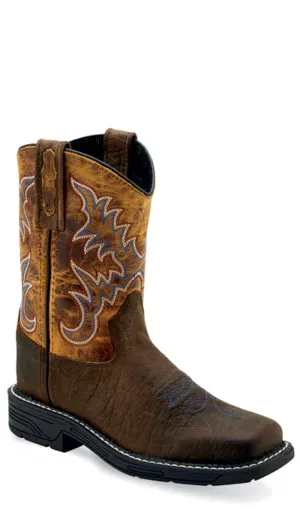 Old West Children Unisex Square Toe Burnt Dark Brown Leather Cowboy Boots 11.5 D