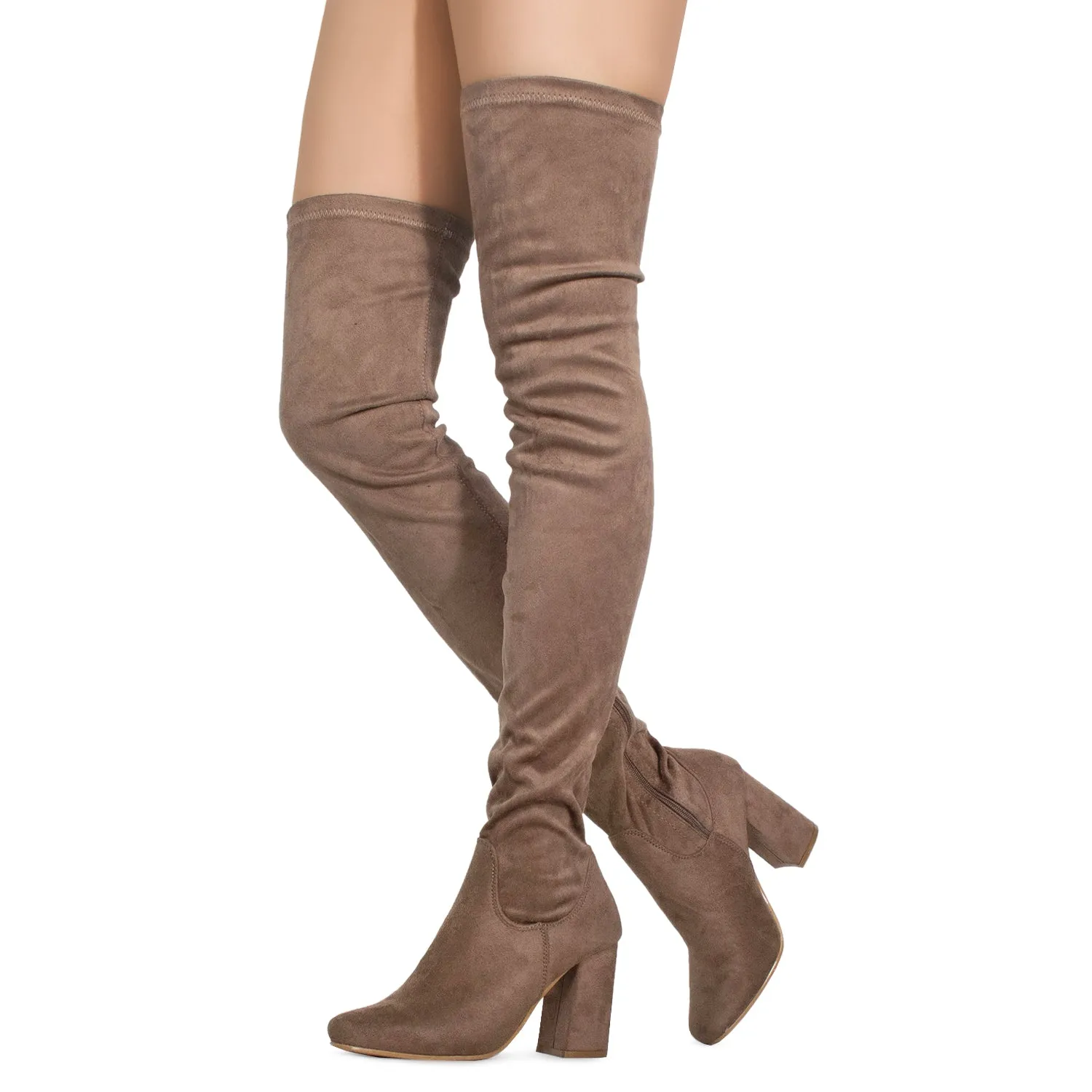 "Regular Calf" Women's Fitted Over The Knee Thigh High Chunky Heel Stretch Boots TAUPE