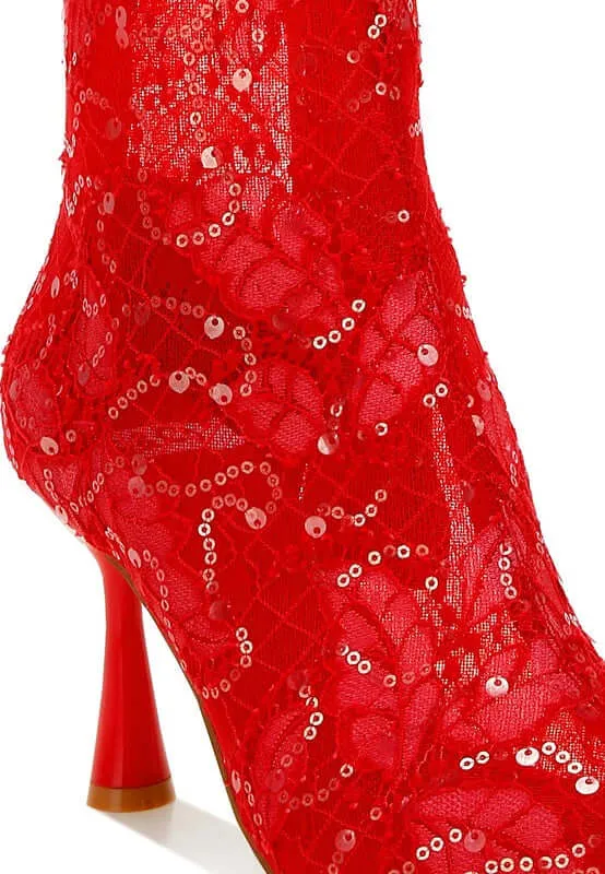 Sequin Lace Pointed Toe Boots