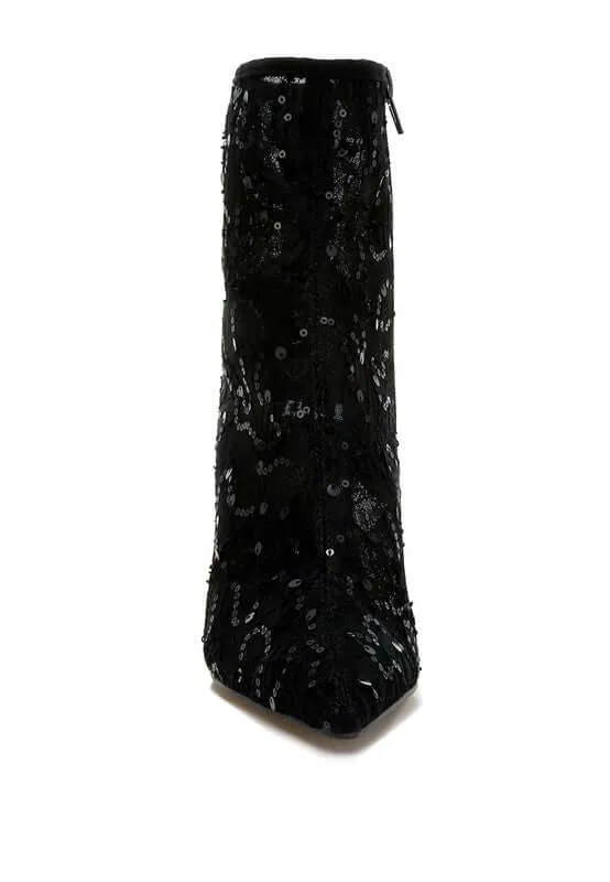 Sequin Lace Pointed Toe Boots