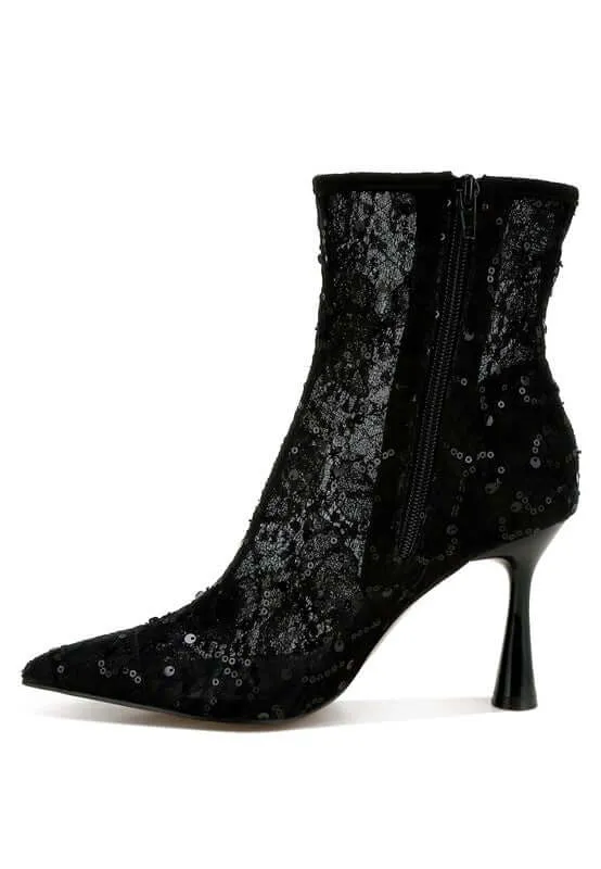 Sequin Lace Pointed Toe Boots