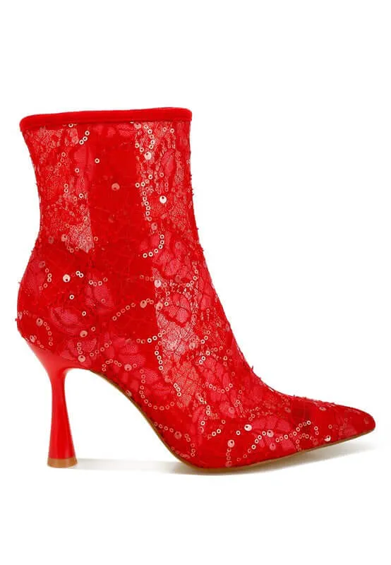 Sequin Lace Pointed Toe Boots