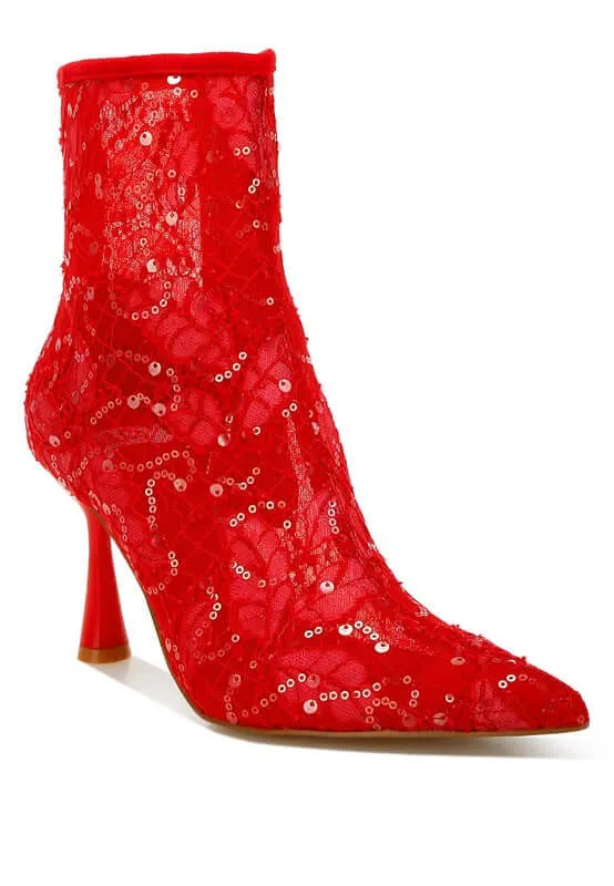 Sequin Lace Pointed Toe Boots