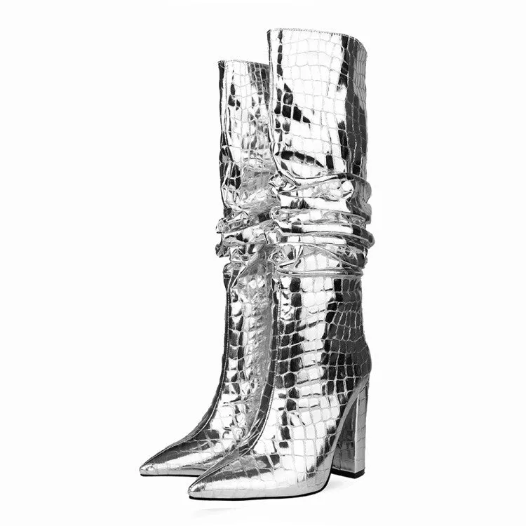 Square Heel Pointy Toe Metallic Heeled Boots