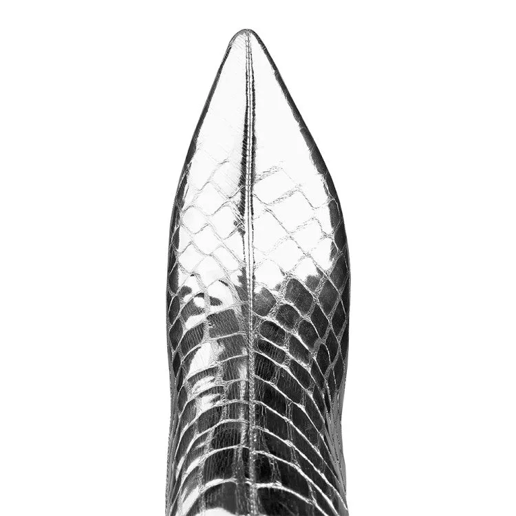 Square Heel Pointy Toe Metallic Heeled Boots