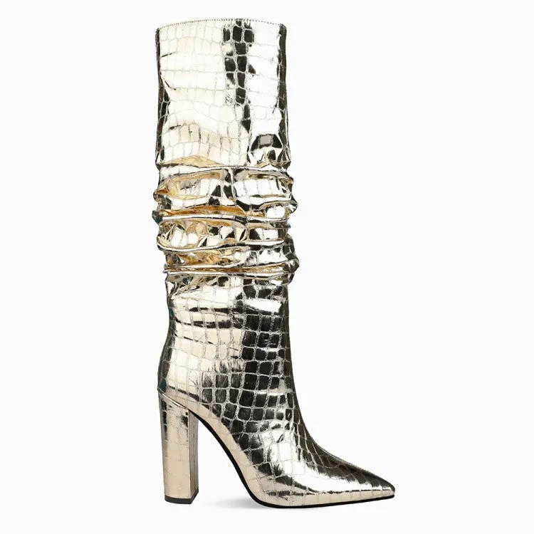 Square Heel Pointy Toe Metallic Heeled Boots