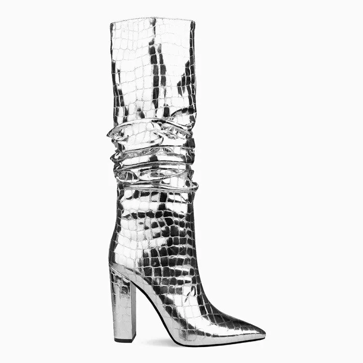 Square Heel Pointy Toe Metallic Heeled Boots