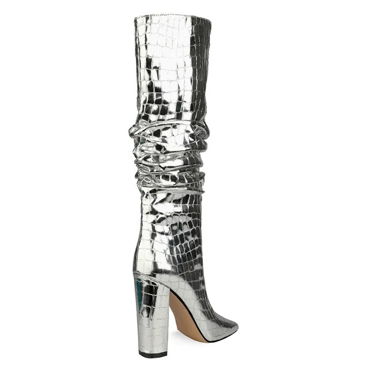Square Heel Pointy Toe Metallic Heeled Boots