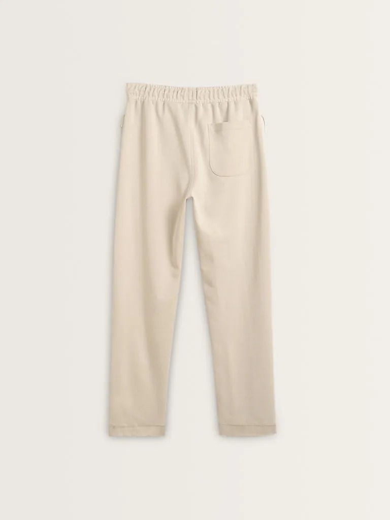 Studiofit Light Beige Relaxed-Fit Mid-Rise Cotton Track Pants