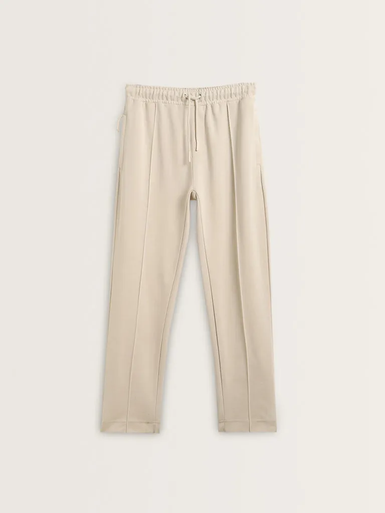 Studiofit Light Beige Relaxed-Fit Mid-Rise Cotton Track Pants