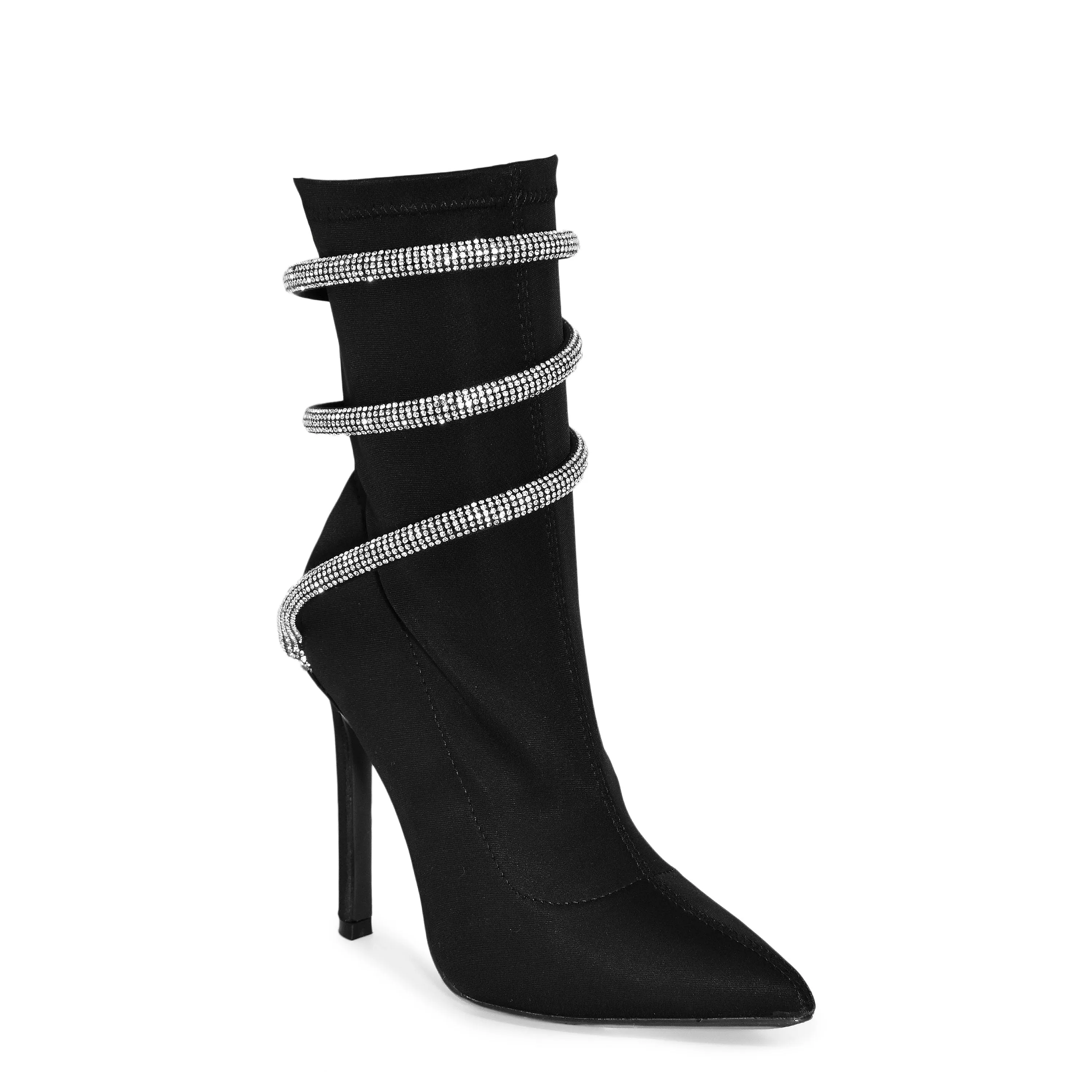 Wild Diva Women's Embellished Coil Strappy Pointy Toe Stiletto Ankle High Heel Booties