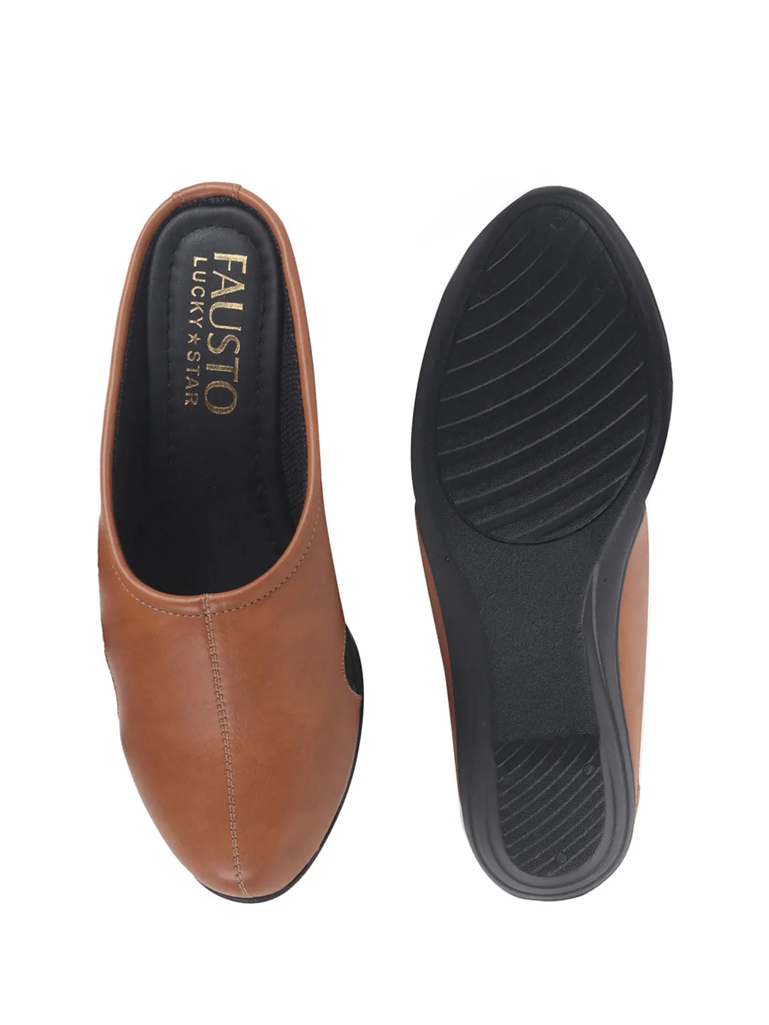 Women Tan Back Open Flatform Formal Slip On Mules Clogs Outings|All Day Comfort|Office Shoes